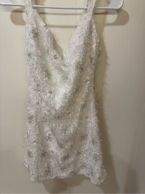 White Beaded Textured Cowl Neck Dress
